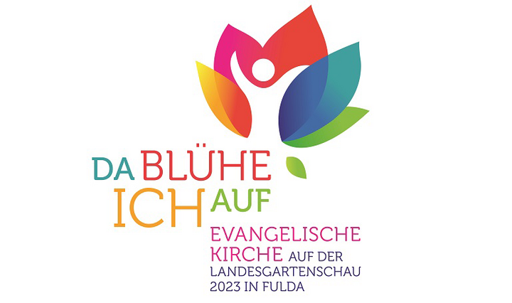 Logo der EKKW mit Motto "Da blühe ich auf" Evangelische Kirche auf der Landesgartenschau in Fulda - Schema einer jubelnden Person vor einer bunten Blume
