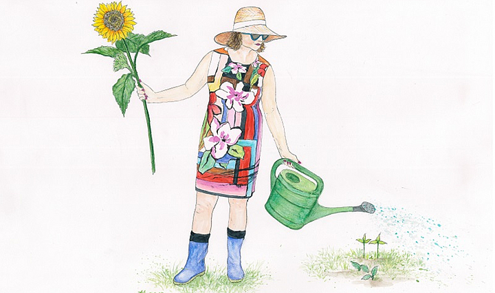 Illustration von Iris Müller - Frau mit Strohhut, Sonnenblume und Gießkanne