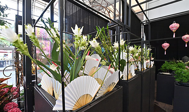 Blumenarrangement mit weißen Kurkumablumen, Fächern und asiatischen Lampignons