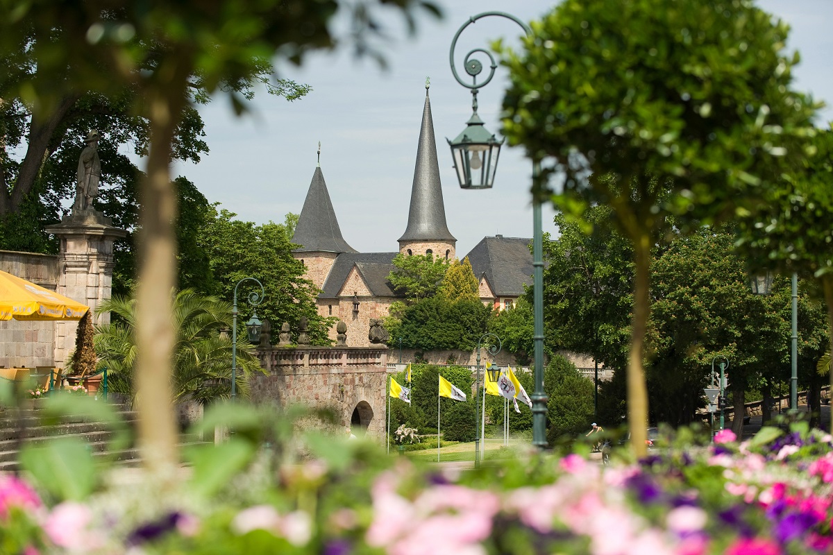 Blick duch Blumenbepflanzungen auf die Michaelskirche in Fulda